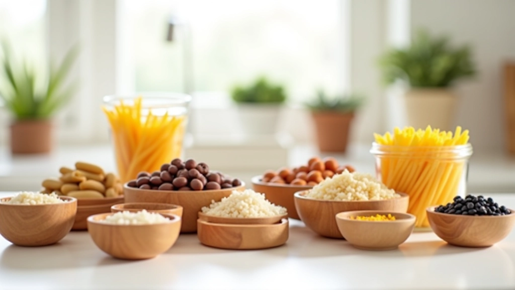 Ingredientes básicos organizados numa mesa de cozinha branca com tigelas de madeira natural