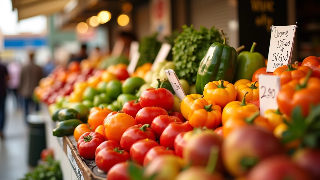 Verduras coloridas expostas no mercado municipal português com preços escritos em papel branco