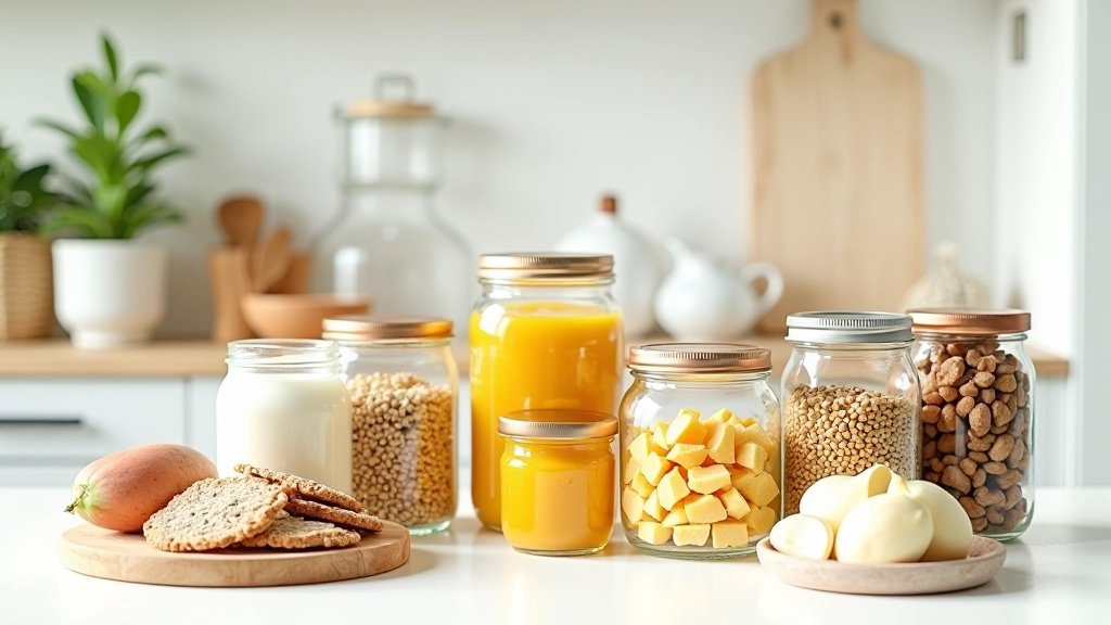 Ingredientes básicos de cozinha portuguesa em potes de vidro organizados numa mesa branca com luz natural
