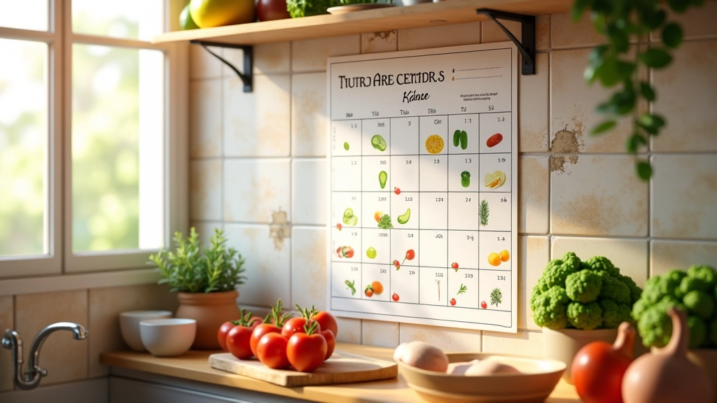 Calendário de frutas e vegetais sazonais portugueses numa cozinha moderna com azulejos tradicionais