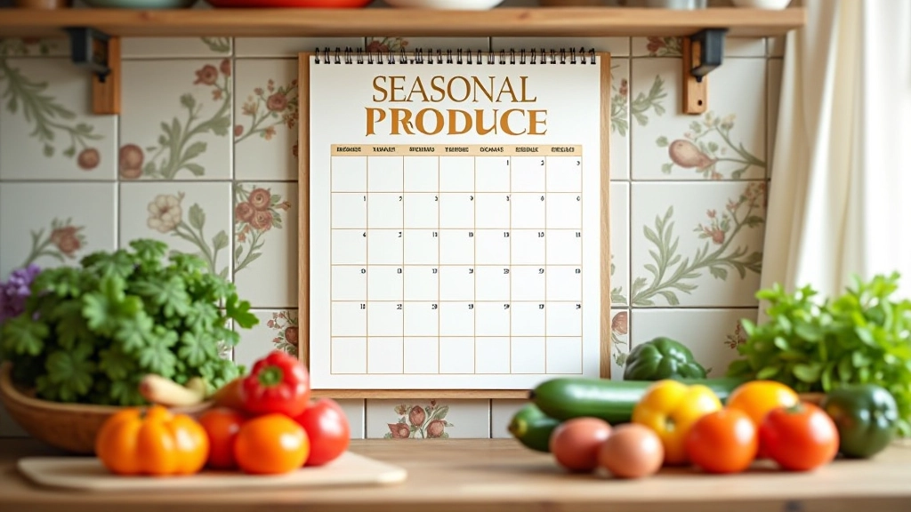 Calendário de frutas e vegetais sazonais portugueses pendurado numa cozinha moderna com azulejos tradicionais