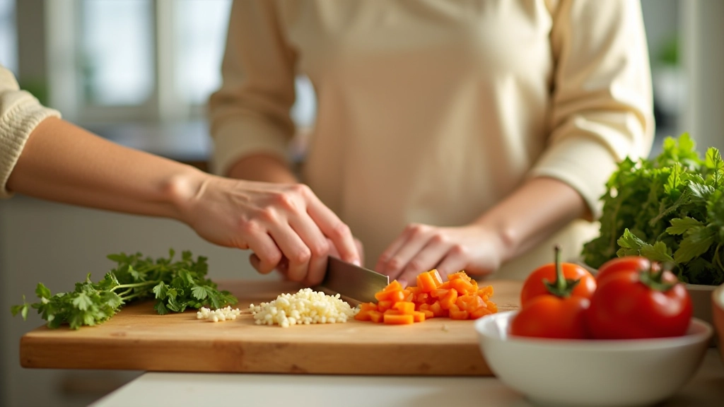 Mulher na cozinha a preparar ingredientes frescos num prato de madeira com iluminação natural