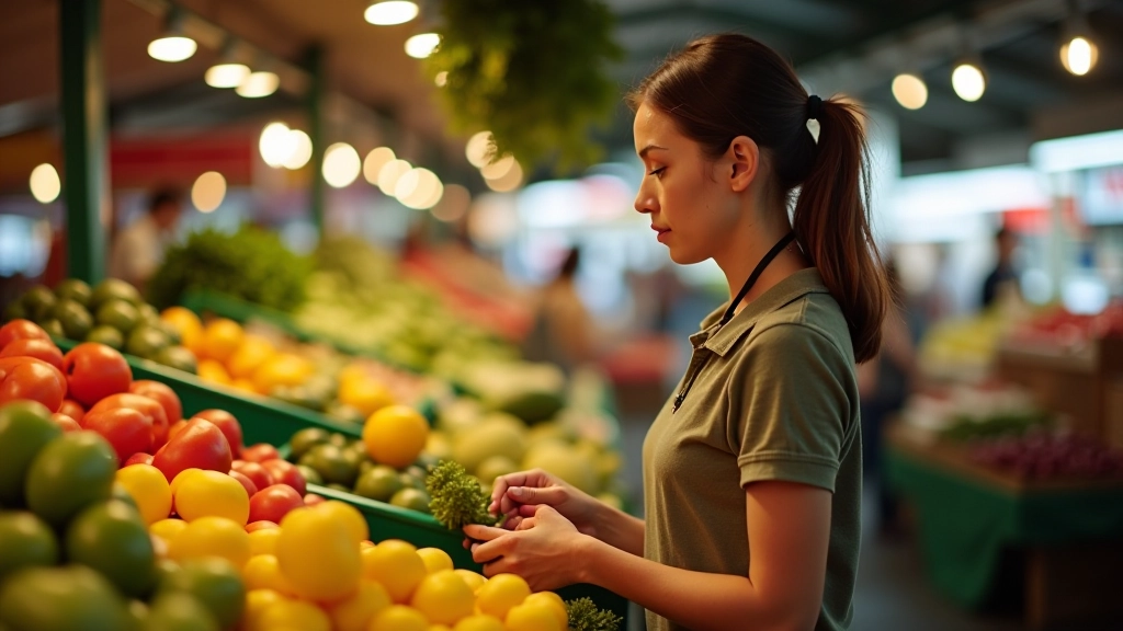 Mulher a escolher vegetais frescos no mercado municipal português com cestos de palha